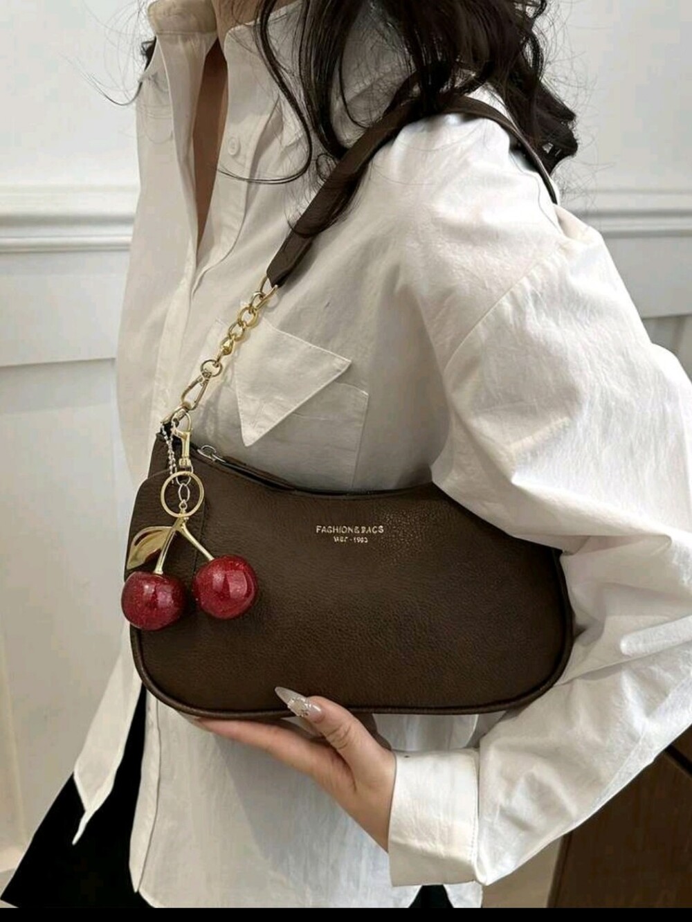 BRAND NEW ** Leather-Texture Brown Shoulder Bag with Cherry Charm